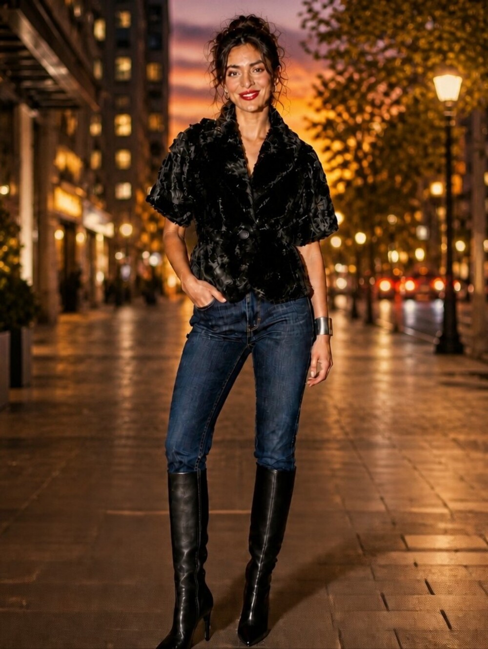 KERSH Super Cute & Fun, Short-Sleeved, Black, Faux Fur, Waist Coat